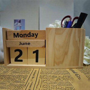 Handmade Wooden Perpetual Calendar with Pen Holder, Desk Organizer