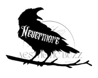 May include: A black raven silhouette perched on a branch, with the word "Nevermore" in a decorative font across its body. The raven is shown with an open beak, against a white backdrop.