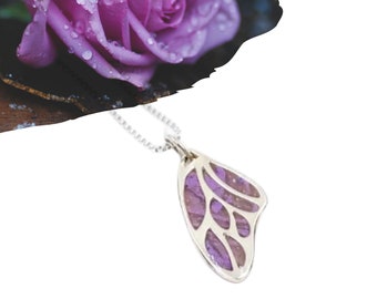 Memorial/Funeral Butterfly Wing Pendant: Sterling Silver with Flower Petal-Infused Polymer Clay Stone