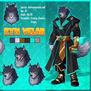 Peut inclure: Illustration numérique d'un loup anthropomorphe nommé Ryn Velar. Le personnage est représenté dans différentes poses, avec des vues complètes, des plans de tête et une vue arrière. La palette de couleurs comprend des nuances de gris, de sarcelle et d'or. La taille du personnage est de 184 cm.