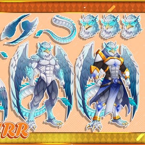 Peut inclure: Ensemble d'illustrations fantastiques représentant une créature ressemblant à un griffon, avec une tête et des ailes d'oiseau, et une queue serpentine. Les illustrations sont dans des tons de bleu, blanc et gris, avec des personnages en armure. Le mot "MYRR" est en bas.