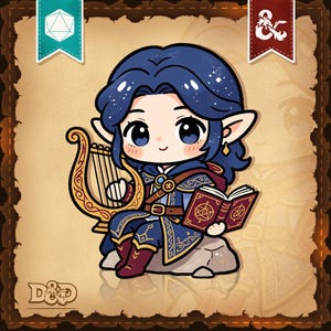 Puede incluir: Un personaje elfo estilo chibi con cabello azul oscuro, vistiendo una túnica azul y dorada, sentado sobre una roca mientras sostiene un arpa dorada y un libro rojo abierto con símbolos dorados. La imagen incluye un logo D&D y dos estandartes.
