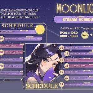 Moonlight Stream Schedule | Vtuber Schedule | Weekly Schedule For Streamers | Cute Pastel Purple Color | Canva and PSD included | Twitch