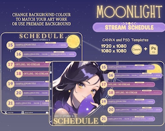 Moonlight Stream Schedule | Vtuber Schedule | Weekly Schedule For Streamers | Cute Pastel Purple Color | Canva and PSD included | Twitch