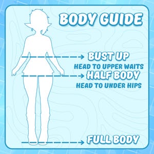 A light blue graphic with a body guide illustration. The guide shows a silhouette with labels for bust up, half body, and full body measurements. The text is in a white, stylized font.