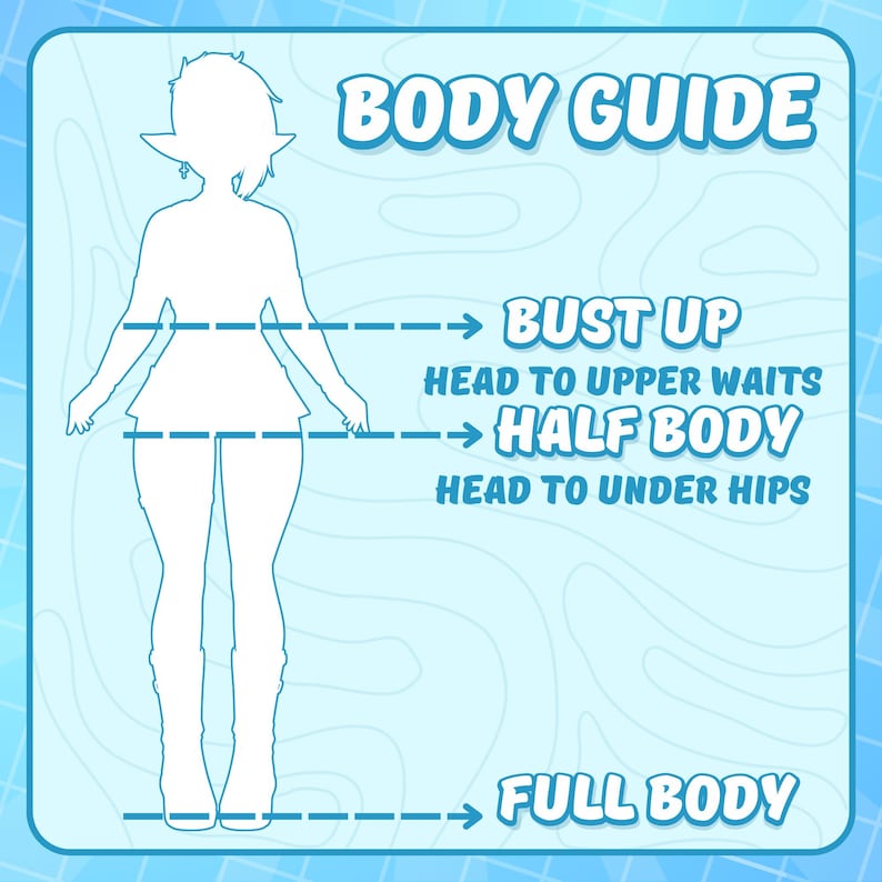 A light blue graphic with a body guide illustration. The guide shows a silhouette with labels for bust up, half body, and full body measurements. The text is in a white, stylized font.