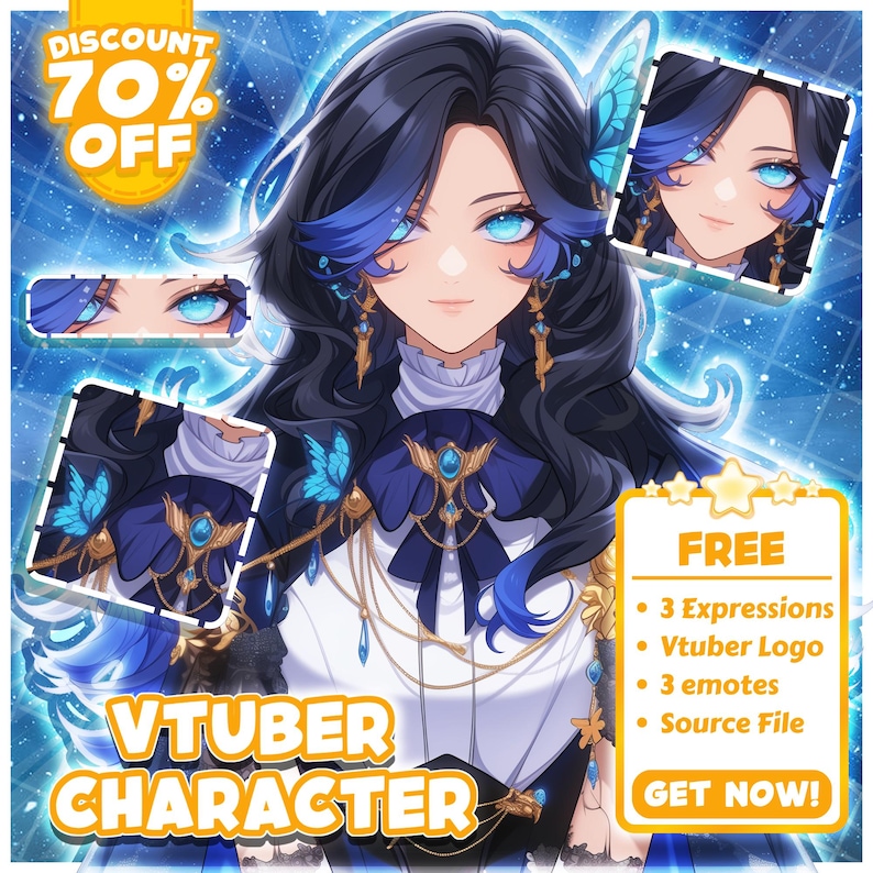 Celestial-themed anime VTuber girl with black and blue hair, glowing cyan eyes, and butterfly accents. She wears a fantasy outfit with gold ornaments and ethereal details, perfect for dreamy, magical, or elegant streamer personas. This character design is ideal for Live2D or PNGTuber avatars used in fantasy storytelling, soft-spoken content, or lore-based VTuber debuts on Twitch, YouTube, and other streaming platforms. Custom VTuber Model Live2D Commission, Vtuber Model | Vtuber Model Commission