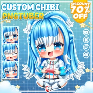May include: A digital illustration of a custom chibi PNGTuber character with blue hair and large blue eyes. The character is holding a red game controller. The image includes the text "CUSTOM CHIBI PNGTUBER" and a "70% OFF" discount badge.