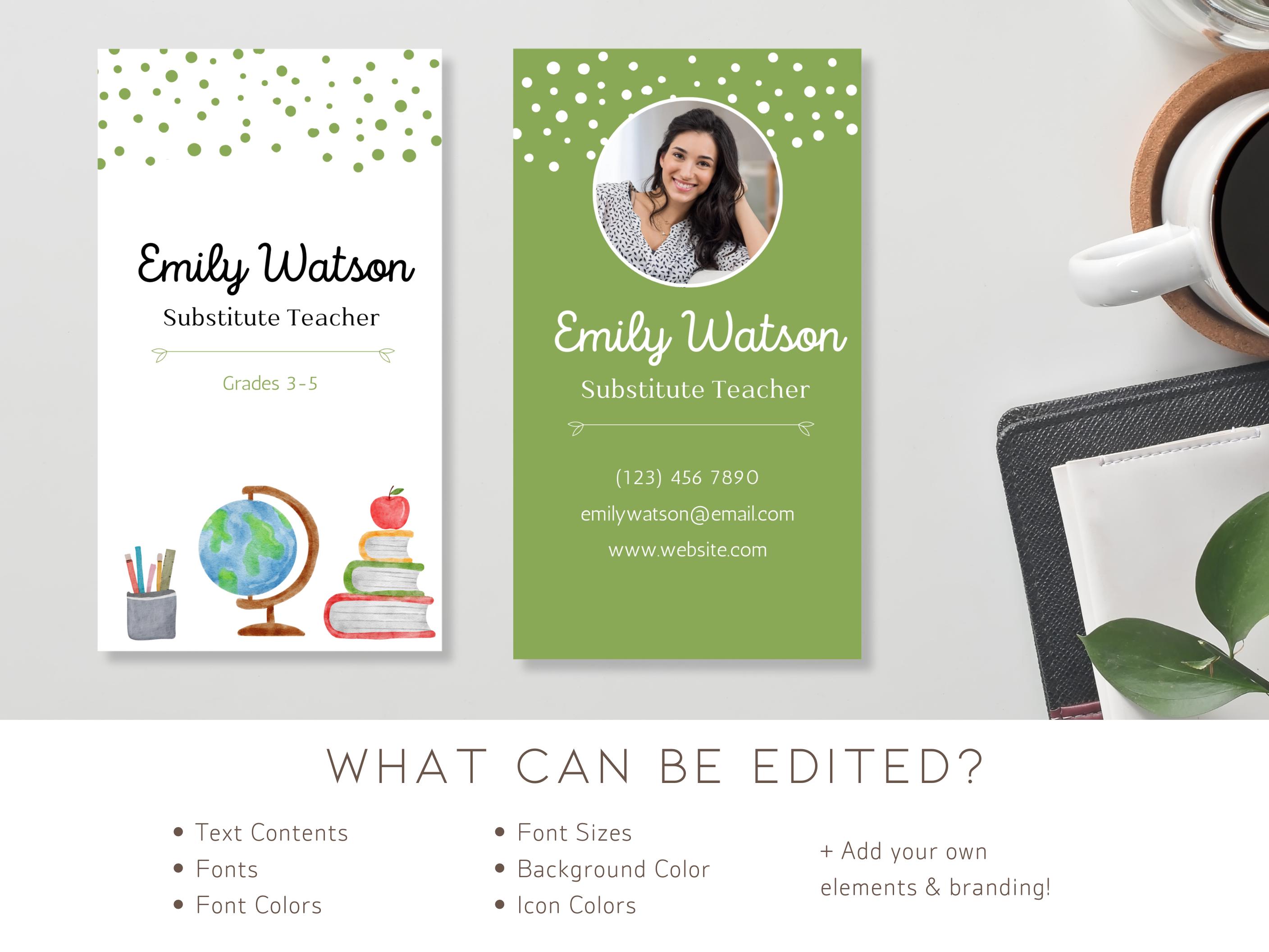 Substitute Teacher Business Card Template: Vertical Design (editable in ...