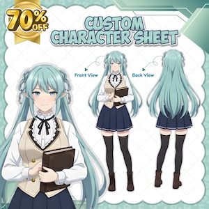 Hoja de referencia de modelo de personaje de Vtuber de anime personalizada para el desarrollo de personajes de streaming, diseño limpio y personalizado.