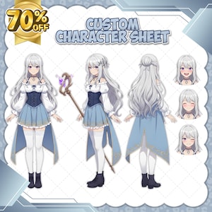 May include: A digital illustration of a female character in a blue and white dress with long silver hair. The image includes multiple views of the character, a staff, and the text "CUSTOM CHARACTER SHEET". A gold banner displays "70% OFF".