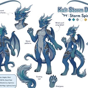 May include: A character reference sheet for Kai: Storm Dragon, a blue anthropomorphic dragon with translucent cloud-like horns, wind-swirl wing details, and storm patterns on the body. Includes front, back, and side views, paw details, and expressions.