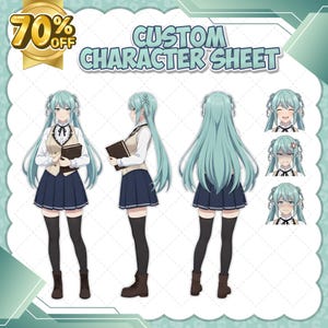 Peut inclure: Illustration d'une fiche de personnage personnalisée, représentant un personnage d'anime féminin aux longs cheveux bleu clair. Le personnage est montré sous différents angles, portant une chemisier blanc, une jupe marine et des bottes noires. L'image comprend le texte "CUSTOM CHARACTER SHEET" et une bannière "70% OFF".