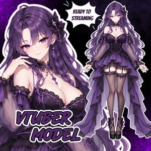 Könnte beinhalten: Eine digitale Illustration einer Figur mit langem violettem Haar, die ein schwarz-violettes Kleid mit Spitzendetails, transparenten Ärmeln und einem asymmetrischen Rock trägt. Der Text lautet VTUBER MODEL und READY TO STREAMING.