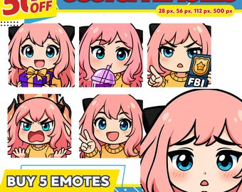 Könnte beinhalten: Eine Sammlung von benutzerdefinierten Emotes mit einem Cartoon-Charakter mit rosa Haaren und blauen Augen. Die Emotes zeigen verschiedene Ausdrücke, darunter Freude, Wut und Überraschung. Text beinhaltet "50% OFF", "CUSTOM EMOTES", "BUY 5 EMOTES" und "FREE 1 ANIMATED EMOTE".