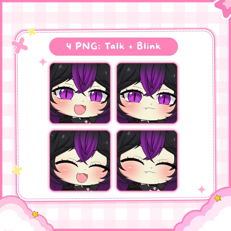 Example of PNGTuber talk and blink expressions featuring multiple anime-style facial reactions and emotional variations. This custom streaming avatar demonstrates how reactive expressions can enhance livestream engagement, helping VTubers and content creators create a more interactive and entertaining experience for their audience.