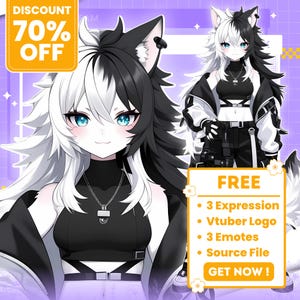 May include: Digital illustration of a character with black and white hair, blue eyes, and wolf ears. The character is wearing a black top and jacket. The image includes text that says "DISCOUNT 70% OFF" and "FREE" with a list of included items.