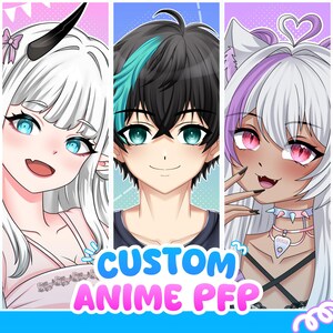 Custom anime PFP showcase displaying multiple personalized profile picture examples with detailed anime artwork and expressive character designs. These custom avatars are created for VTubers, content creators, streamers, and online personalities who want a recognizable and professional identity across social media and gaming communities.