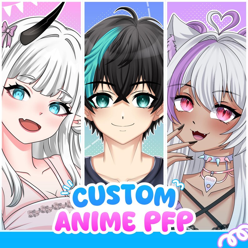 Custom anime PFP showcase displaying multiple personalized profile picture examples with detailed anime artwork and expressive character designs. These custom avatars are created for VTubers, content creators, streamers, and online personalities who want a recognizable and professional identity across social media and gaming communities.