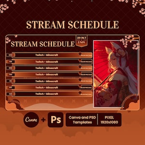 May include: A brown and gold stream schedule template with the text "Stream Schedule" and a schedule for Twitch - Minocraft. Includes a graphic of a person with fox ears and a red umbrella. The template is 1920x1080 pixels.