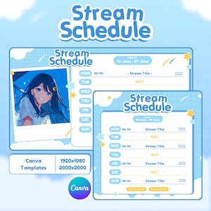 Könnte beinhalten: Hellblaues digitales Stream-Zeitplan-Template mit dem Text "Stream Schedule". Das Template enthält ein Anime-Charakterfoto, einen Wochenplan und das Canva-Logo. Verfügbar in den Größen 1920x1080 und 2000x2000.