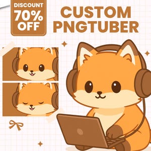 Peut inclure: Illustration d'un renard de dessin animé avec un casque et un ordinateur portable, avec le texte "CUSTOM PNGTUBER" et une réduction de "70% OFF". Le renard est orange et marron. Deux petites images du renard sont également présentes.