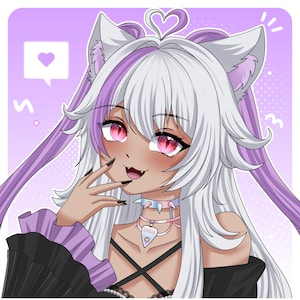 Custom anime portrait featuring a white-haired cat girl character with elegant accessories, soft purple colors, and detailed anime-style artwork. This personalized profile picture is suitable for VTubers, streamers, Discord users, and content creators looking for a stylish and professional online identity.