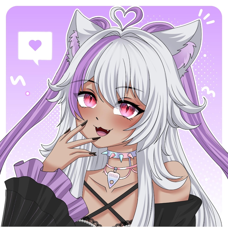 Custom anime portrait featuring a white-haired cat girl character with elegant accessories, soft purple colors, and detailed anime-style artwork. This personalized profile picture is suitable for VTubers, streamers, Discord users, and content creators looking for a stylish and professional online identity.