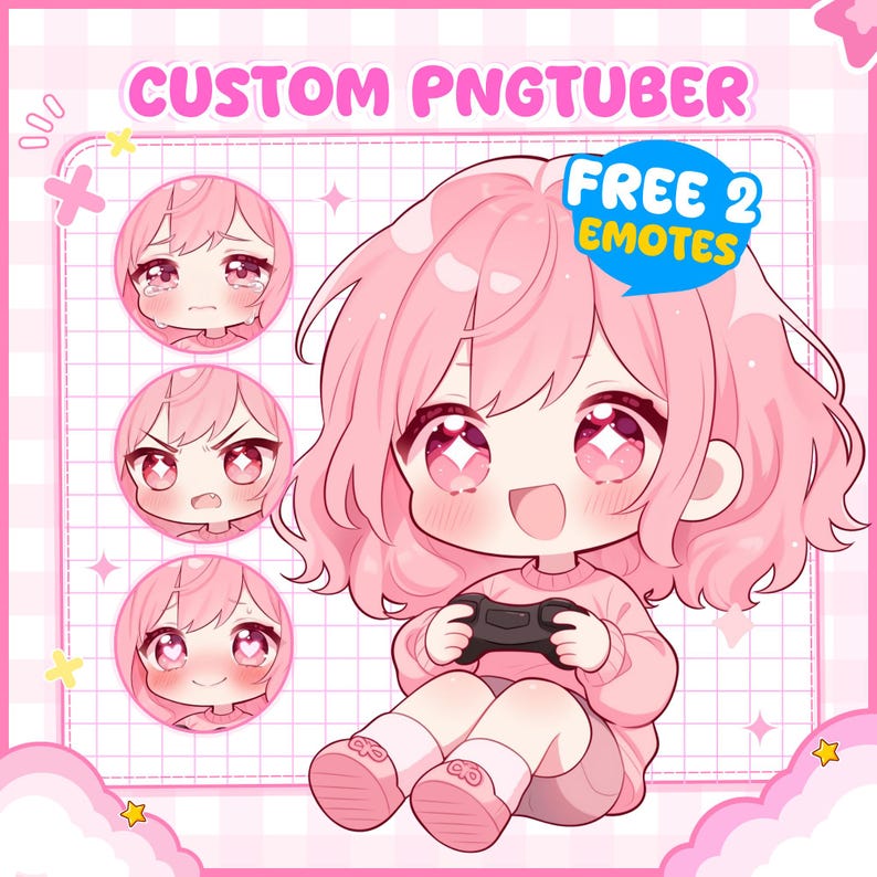 Cute custom PNGTuber featuring a pink-haired anime-style chibi character with multiple facial expressions and bonus emotes included. This adorable streaming avatar is designed for VTubers, Twitch streamers, YouTube creators, and content creators who want a friendly, welcoming, and highly recognizable branding identity with expressive anime-inspired artwork.