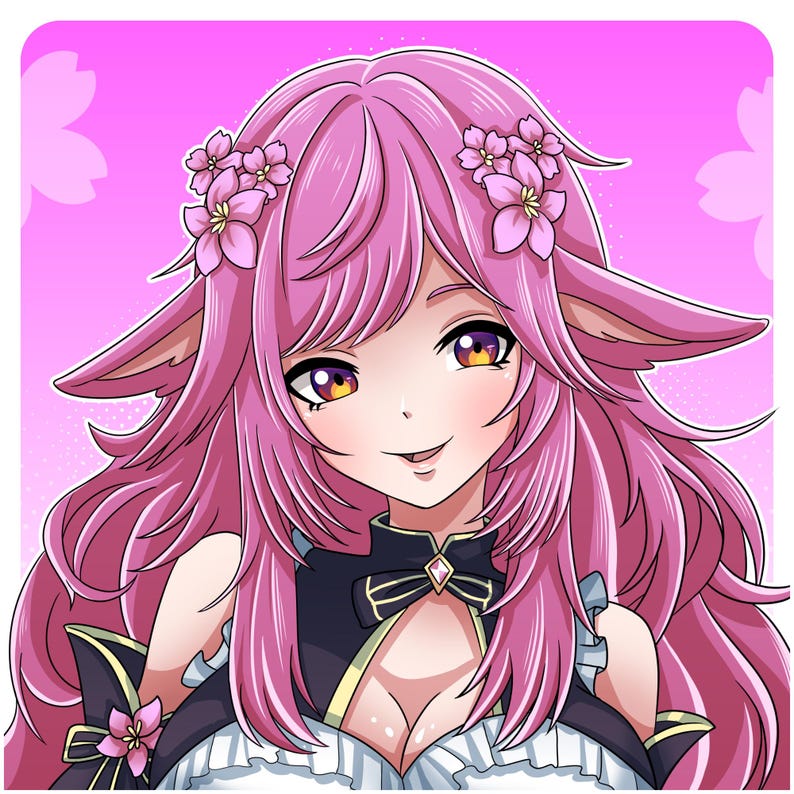 Anime-style portrait featuring a pink-haired character with soft pastel colors, detailed facial features, and charming fantasy aesthetics. This custom profile picture is created for Twitch streamers, VTubers, gamers, and online creators who want a visually appealing avatar that enhances personal branding across social media platforms.