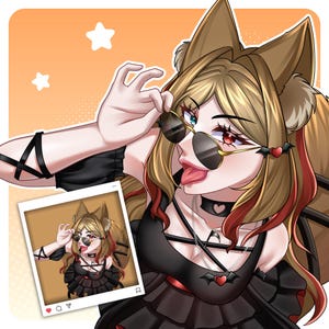 Anime-style profile picture featuring a fox-inspired character with glasses, warm color tones, and a playful selfie pose. This custom anime avatar is ideal for VTubers, Twitch streamers, Discord users, and content creators seeking a personalized profile picture that reflects their unique personality and online branding.