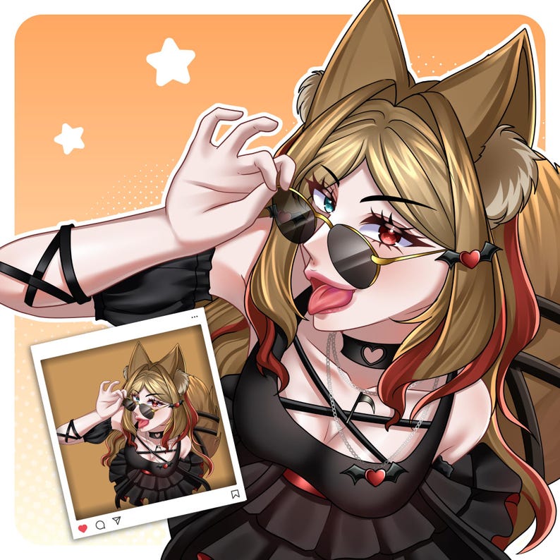 Anime-style profile picture featuring a fox-inspired character with glasses, warm color tones, and a playful selfie pose. This custom anime avatar is ideal for VTubers, Twitch streamers, Discord users, and content creators seeking a personalized profile picture that reflects their unique personality and online branding.