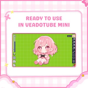 Anime-style PNGTuber character displayed inside Veadotube Mini software, demonstrating ready-to-use compatibility for reactive streaming avatars. This custom chibi model is optimized for livestreaming, virtual content creation, and online community interaction, making it suitable for Twitch, YouTube, Discord, and creator branding.