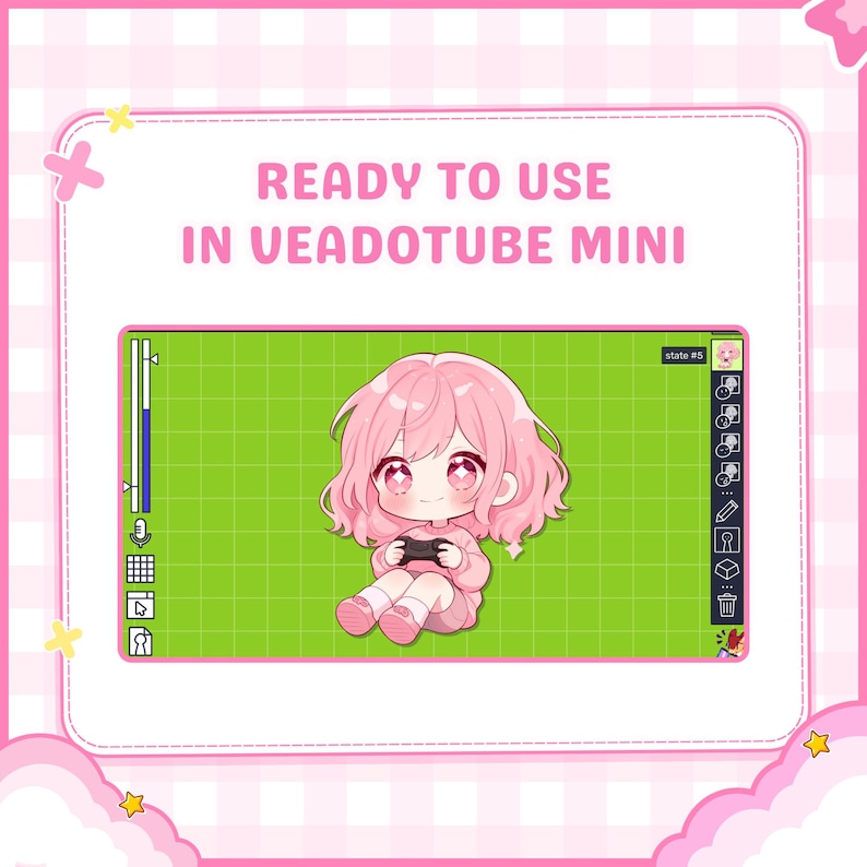 Anime-style PNGTuber character displayed inside Veadotube Mini software, demonstrating ready-to-use compatibility for reactive streaming avatars. This custom chibi model is optimized for livestreaming, virtual content creation, and online community interaction, making it suitable for Twitch, YouTube, Discord, and creator branding.