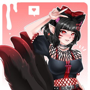 Dark anime profile picture featuring a fox-inspired female character with black and red color themes, detailed fantasy clothing, and elegant character design. This custom anime avatar is ideal for VTubers, gaming creators, and online personalities who want a bold, unique, and visually striking profile picture for streaming and social media.