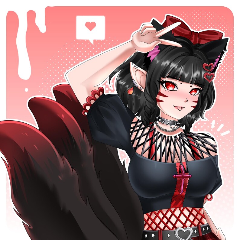 Dark anime profile picture featuring a fox-inspired female character with black and red color themes, detailed fantasy clothing, and elegant character design. This custom anime avatar is ideal for VTubers, gaming creators, and online personalities who want a bold, unique, and visually striking profile picture for streaming and social media.