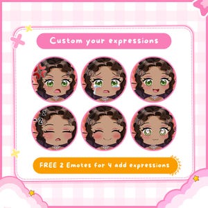 Custom PNGTuber expression showcase displaying various anime-style emotions including happy, sleepy, surprised, and cheerful reactions. Designed for VTubers and streamers who want more personality and flexibility in their streaming avatar, these additional expressions help improve audience engagement and visual storytelling during livestreams.