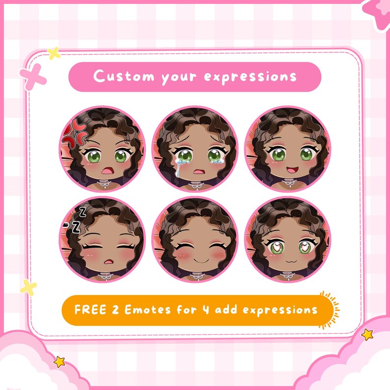 Custom PNGTuber expression showcase displaying various anime-style emotions including happy, sleepy, surprised, and cheerful reactions. Designed for VTubers and streamers who want more personality and flexibility in their streaming avatar, these additional expressions help improve audience engagement and visual storytelling during livestreams.