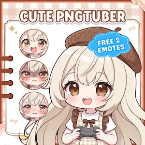 Peut inclure: Illustration numérique d'un personnage de style anime mignon avec de longs cheveux blonds, portant un béret marron et une robe à carreaux. L'image comprend le texte "CUTE PNGTUBER" et "FREE 2 EMOTES". Trois portraits de personnages plus petits avec différentes expressions sont également affichés.