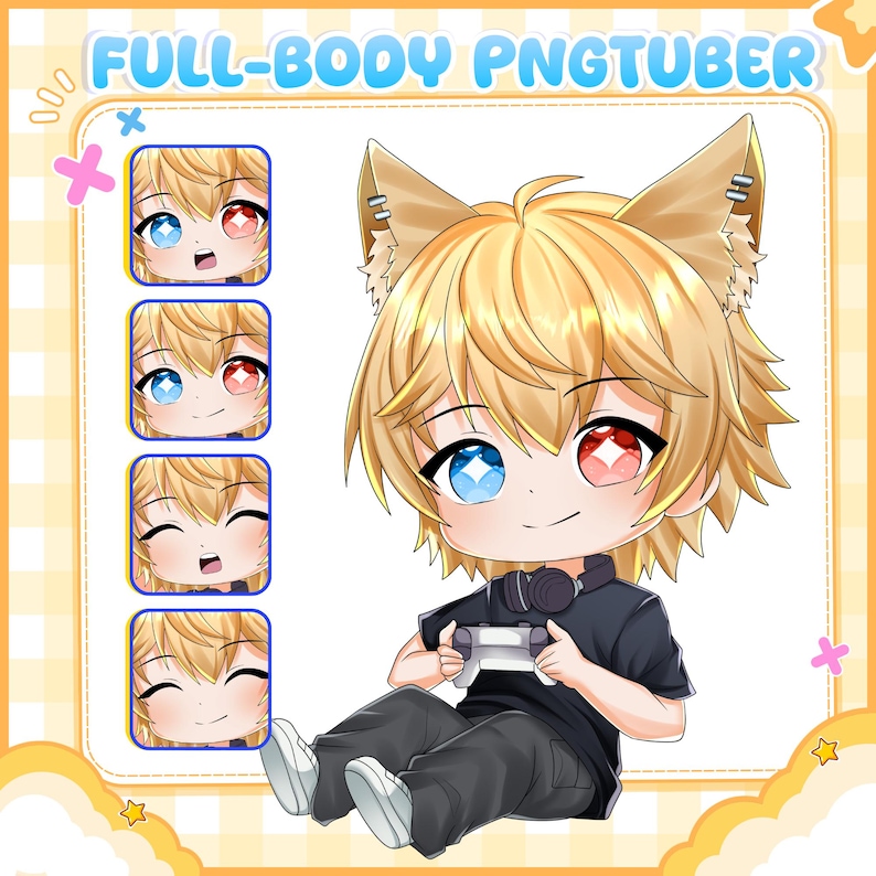 Full body PNGTuber featuring a blonde fox-inspired anime character with expressive facial reactions and detailed chibi artwork. This custom streaming avatar provides a playful and professional appearance, making it ideal for VTubers, gaming streamers, and content creators looking to build a strong and recognizable channel identity.