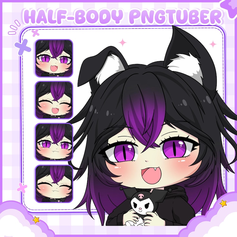 Half body PNGTuber featuring a black and purple-haired anime-style character with cat-inspired features and multiple expressive emotions. This custom VTuber avatar is designed for streamers who want a cute, engaging, and memorable visual identity that enhances branding across Twitch, YouTube, Kick, and social media platforms.