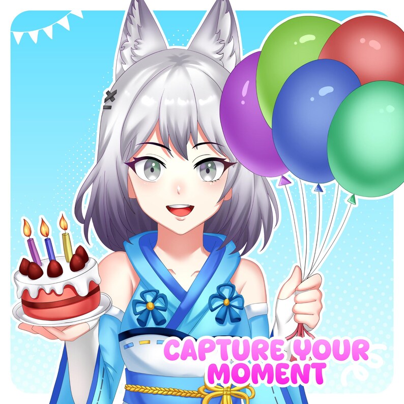 Cute anime profile picture of a silver-haired character celebrating with balloons and a birthday cake in a cheerful pastel setting. This custom anime PFP is designed for social media users, VTubers, and online creators who want a bright, friendly, and memorable avatar for their digital presence.