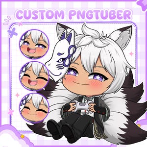 Custom PNGTuber featuring a white-haired anime-style character with fox mask accessories, fluffy clothing details, and multiple facial expressions. This cute streaming avatar includes expressive emotions and personalized artwork designed to help VTubers, Twitch streamers, YouTube creators, and online personalities establish a unique and memorable branding presence.