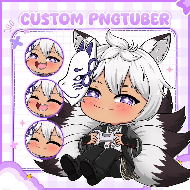 Custom PNGTuber featuring a white-haired anime-style character with fox mask accessories, fluffy clothing details, and multiple facial expressions. This cute streaming avatar includes expressive emotions and personalized artwork designed to help VTubers, Twitch streamers, YouTube creators, and online personalities establish a unique and memorable branding presence.