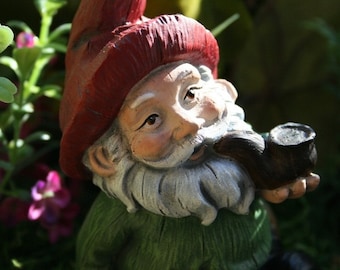 Garden Gnome - The Perfect Pipe Smoking Lawn Gnome - Solid Concrete Garden Art