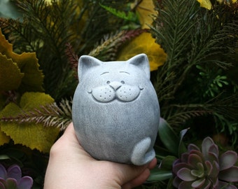 Fat Cat Statue - Abstract Zen Kitty Cat - Concrete Cat - Outdoor Garden Decor