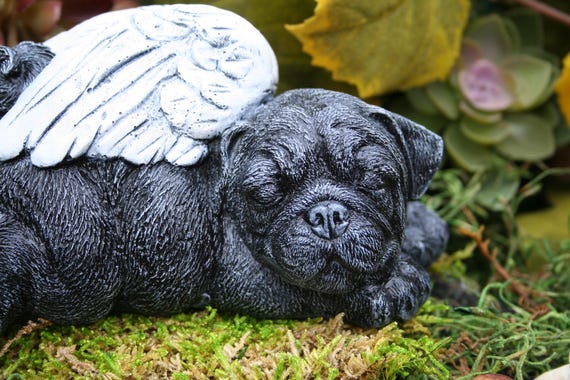 Angel Dog Black Pug Statue - Pet Memorial Dog Garden Sculpture - Solid Concrete Garden Figurine