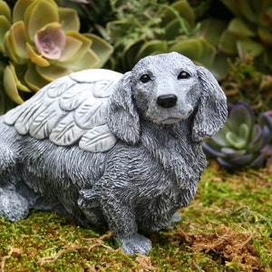 Long Hair Dachshund Angel Dog Statue - Doxie Memorial Figurine - Long Haired Wiener Dog Concrete Statue