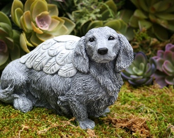 Long Hair Dachshund Angel Dog Statue - Doxie Memorial Figurine - Long Haired Wiener Dog Concrete Statue