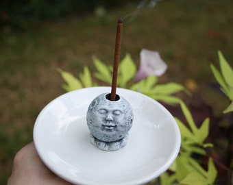 Full Moon Statue Mini Incense Holder / Two Piece Set Includes 1 Moon Face Incense Holder & Separate Dish